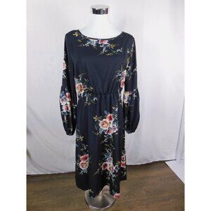 vLd Dress Womens Medium Black Floral Midi Long Sleeve Elastic Waist Crew Neck